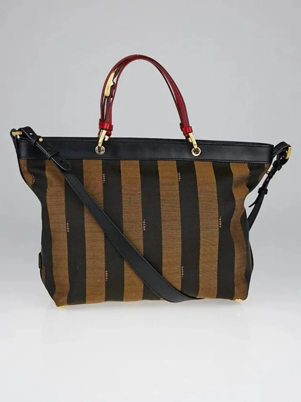Authentic FENDI Pequin Stripe Large Canvas Leather Tote Bag 8BN242
